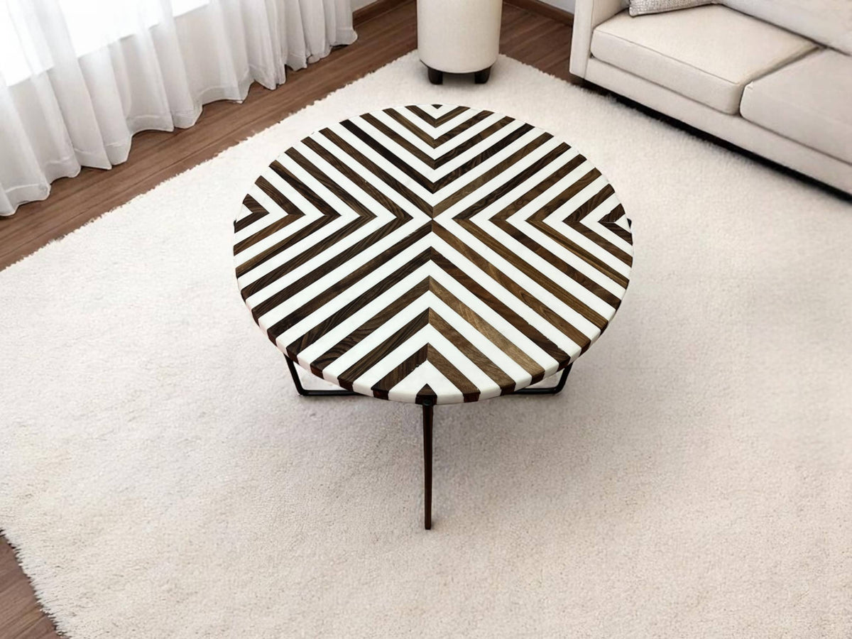 Walnut Wood and White Resin Round Side Table with Black & Gold Folding Iron Base