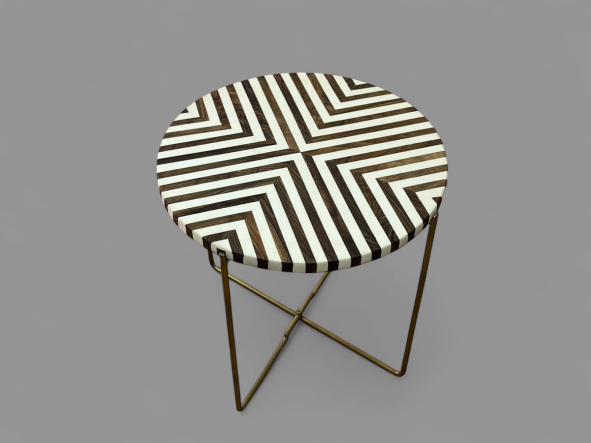 Walnut Wood and White Resin Round Side Table with Black & Gold Folding Iron Base