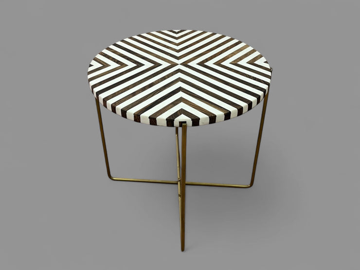 Walnut Wood and White Resin Round Side Table with Black & Gold Folding Iron Base