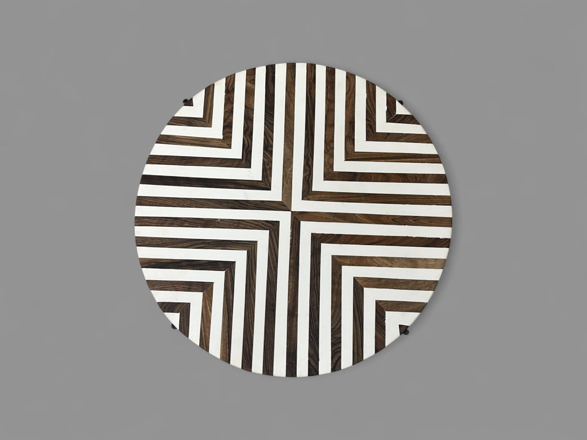 Walnut Wood and White Resin Round Side Table with Black & Gold Folding Iron Base