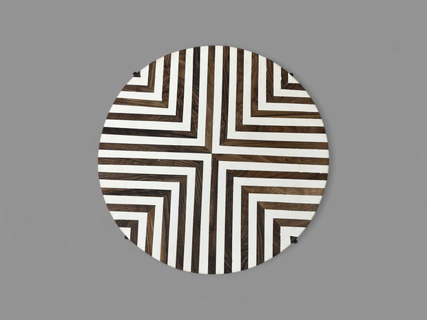 Walnut Wood and White Resin Round Side Table with Black & Gold Folding Iron Base