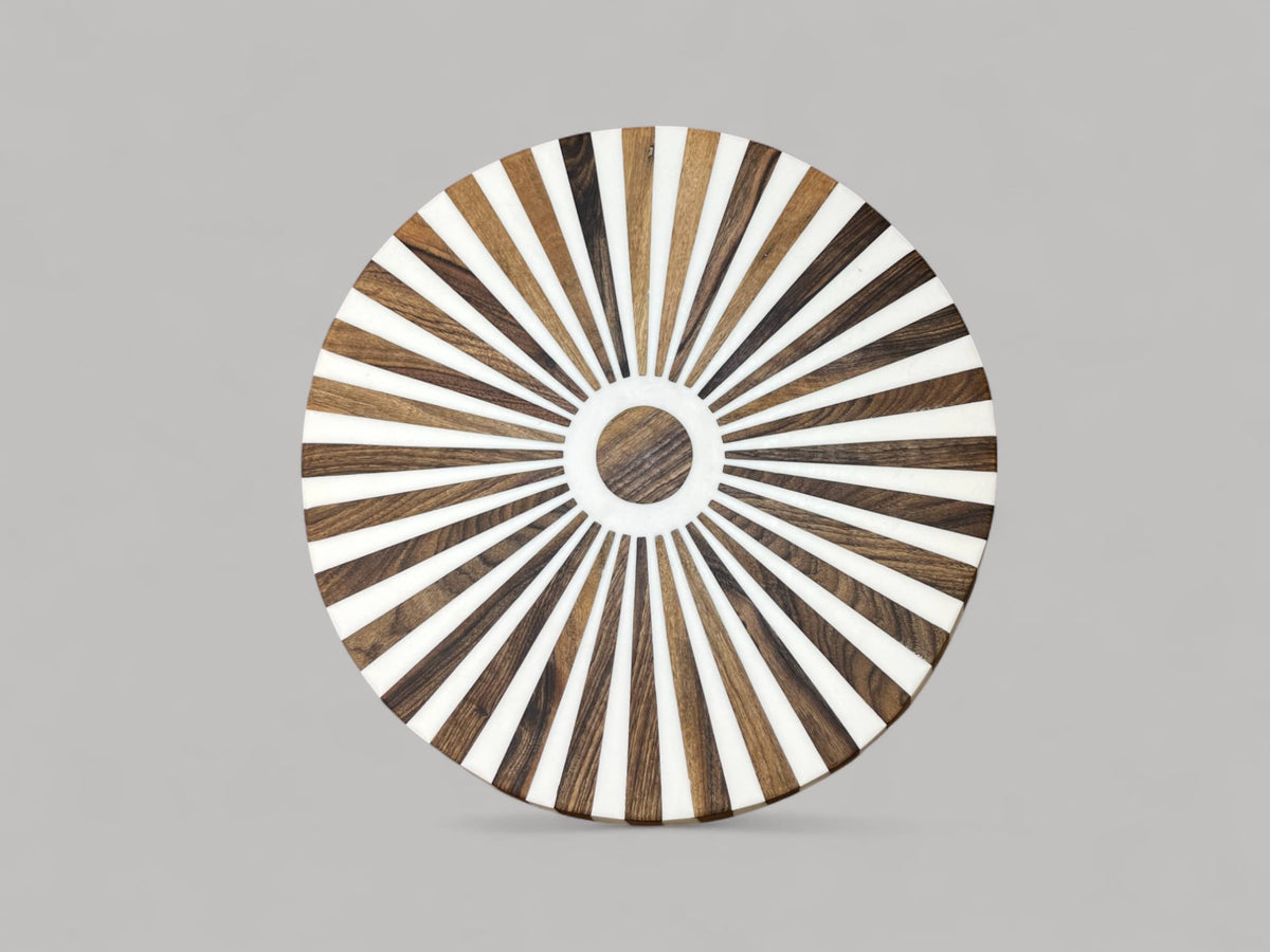 Round Walnut Wood and White Resin Side Table