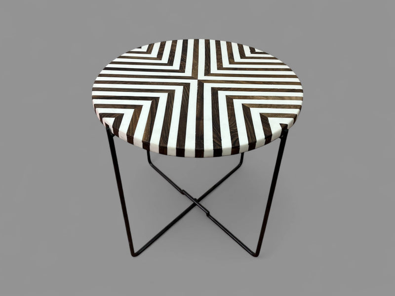 Walnut Wood and White Resin Round Side Table with Black & Gold Folding Iron Base
