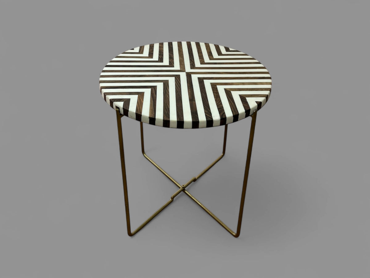Walnut Wood and White Resin Round Side Table with Black & Gold Folding Iron Base