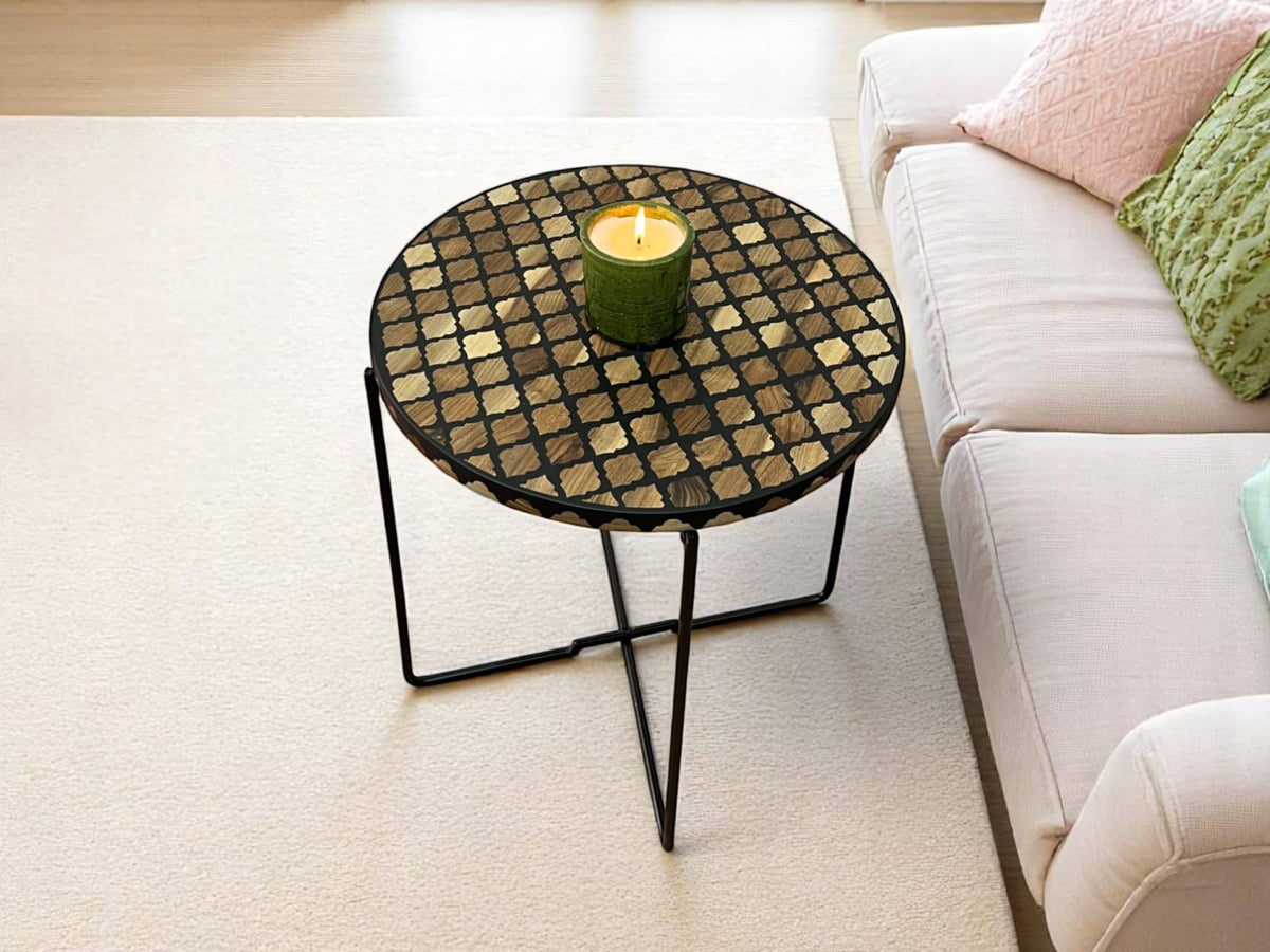 Walnut Wood and Black Resin Round Side Table with Black & Gold Iron Folding Base – Handmade Modern Accent Table