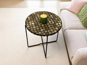 Walnut Wood and Black Resin Round Side Table with Black & Gold Iron Folding Base – Handmade Modern Accent Table