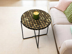 Walnut Wood and Black Resin Round Side Table with Black & Gold Iron Folding Base – Handmade Modern Accent Table
