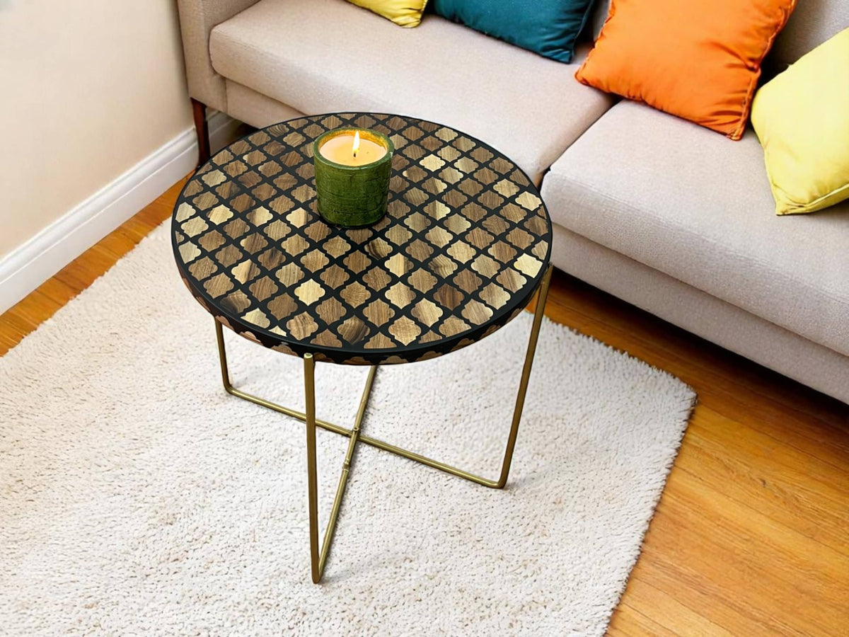 Walnut Wood and Black Resin Round Side Table with Black & Gold Iron Folding Base – Handmade Modern Accent Table