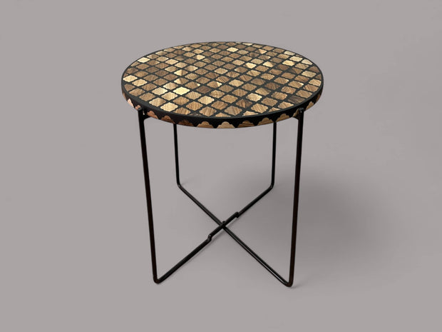 Walnut Wood and Black Resin Round Side Table with Black & Gold Iron Folding Base – Handmade Modern Accent Table