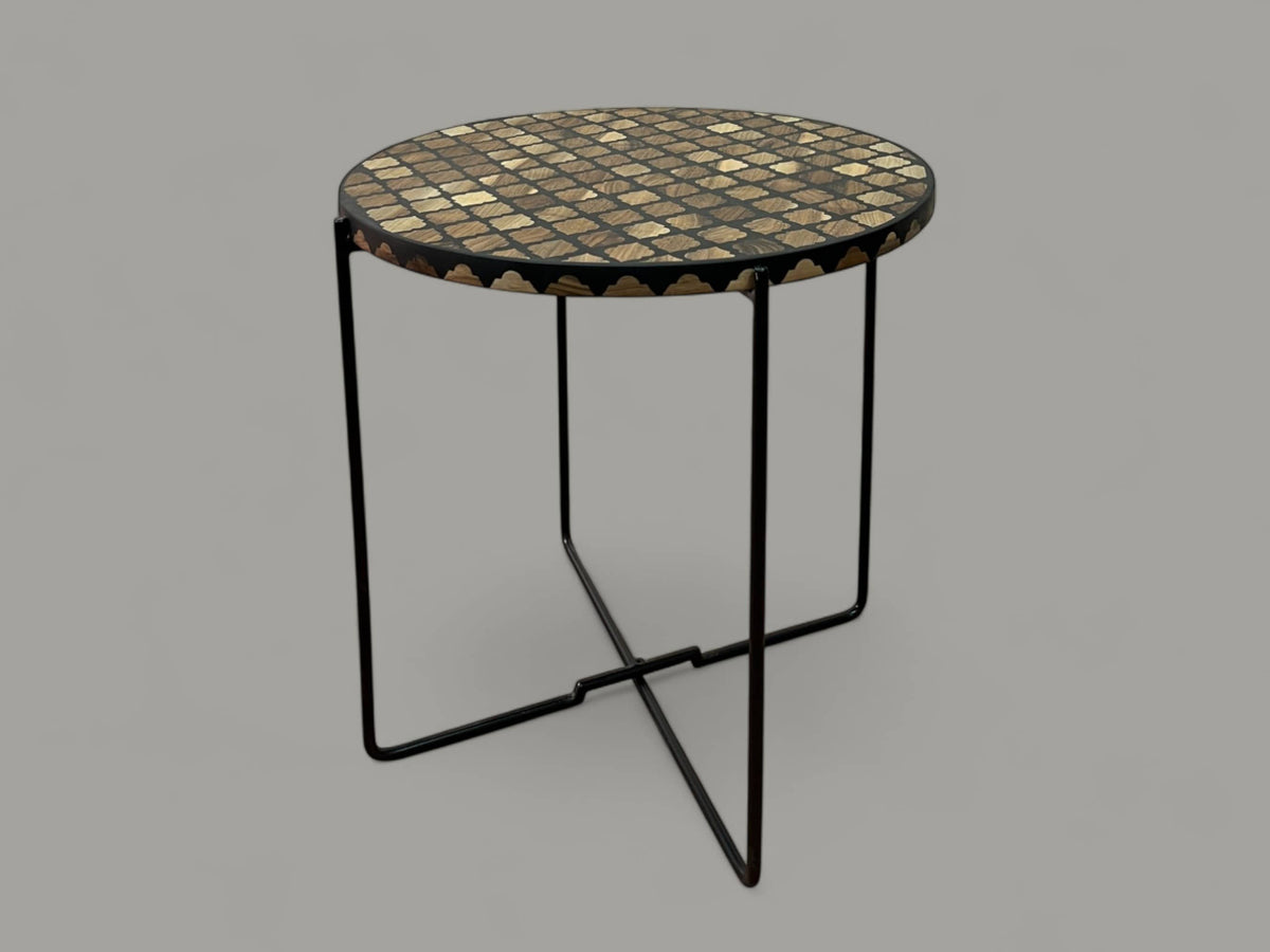 Walnut Wood and Black Resin Round Side Table with Black & Gold Iron Folding Base – Handmade Modern Accent Table
