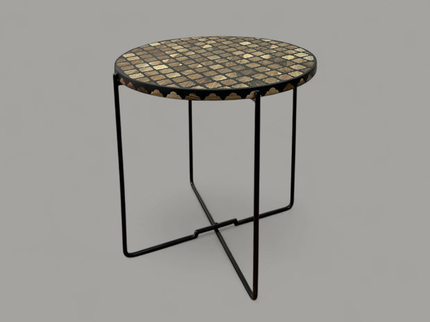 Walnut Wood and Black Resin Round Side Table with Black & Gold Iron Folding Base – Handmade Modern Accent Table