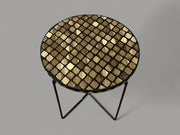 Walnut Wood and Black Resin Round Side Table with Black & Gold Iron Folding Base – Handmade Modern Accent Table