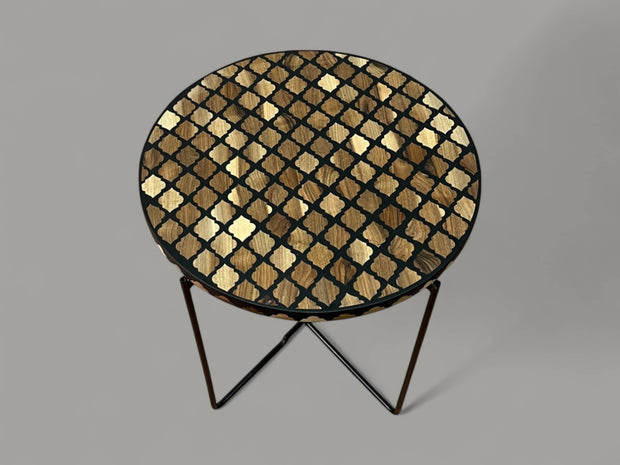 Walnut Wood and Black Resin Round Side Table with Black & Gold Iron Folding Base – Handmade Modern Accent Table