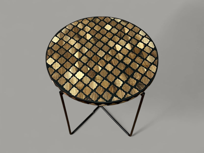 Walnut Wood and Black Resin Round Side Table with Black & Gold Iron Folding Base – Handmade Modern Accent Table