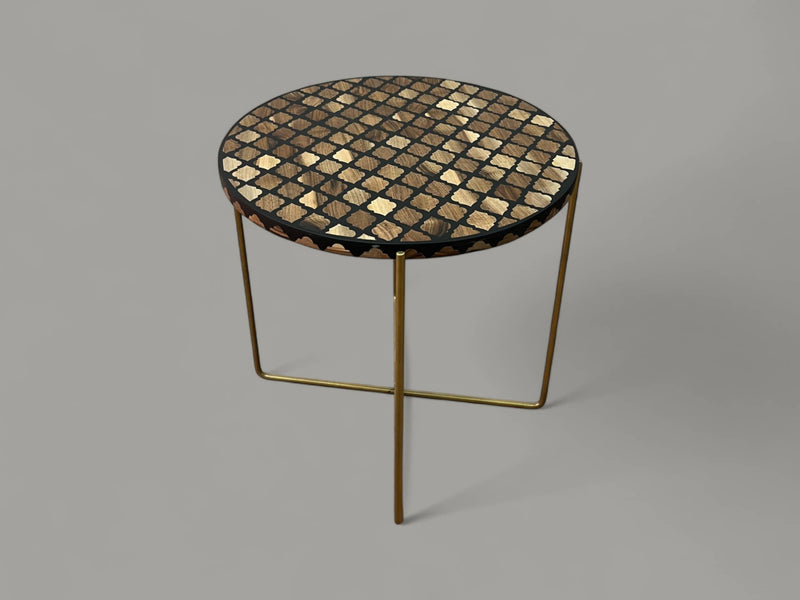 Walnut Wood and Black Resin Round Side Table with Black & Gold Iron Folding Base – Handmade Modern Accent Table