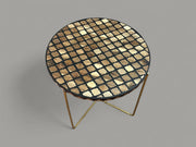 Walnut Wood and Black Resin Round Side Table with Black & Gold Iron Folding Base – Handmade Modern Accent Table