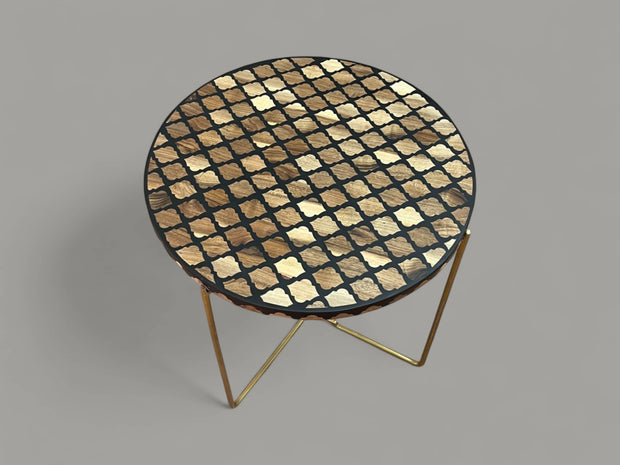 Walnut Wood and Black Resin Round Side Table with Black & Gold Iron Folding Base – Handmade Modern Accent Table