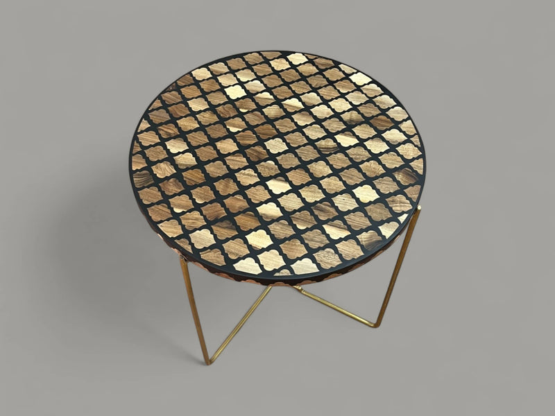 Walnut Wood and Black Resin Round Side Table with Black & Gold Iron Folding Base – Handmade Modern Accent Table