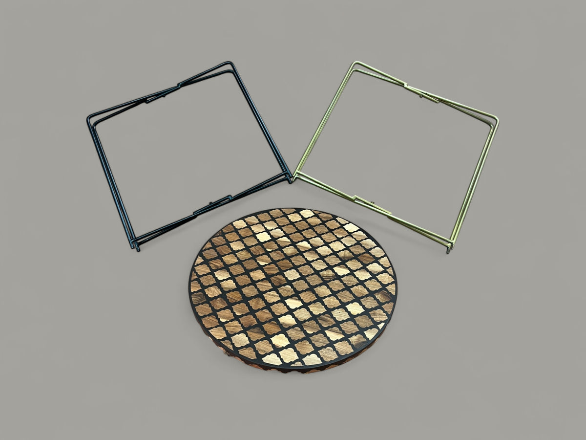 Walnut Wood and Black Resin Round Side Table with Black & Gold Iron Folding Base