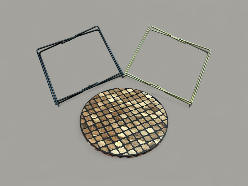 Walnut Wood and Black Resin Round Side Table with Black & Gold Iron Folding Base