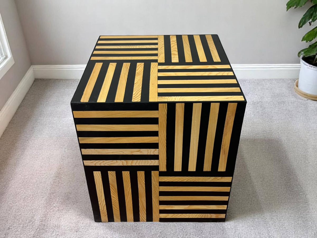 Square Black Resin and Cedar Wood Side Table