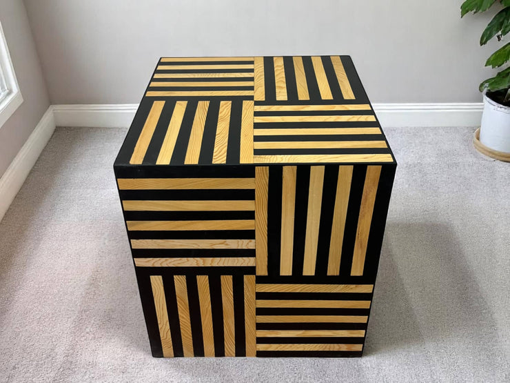 Square Black Resin and Cedar Wood Side Table