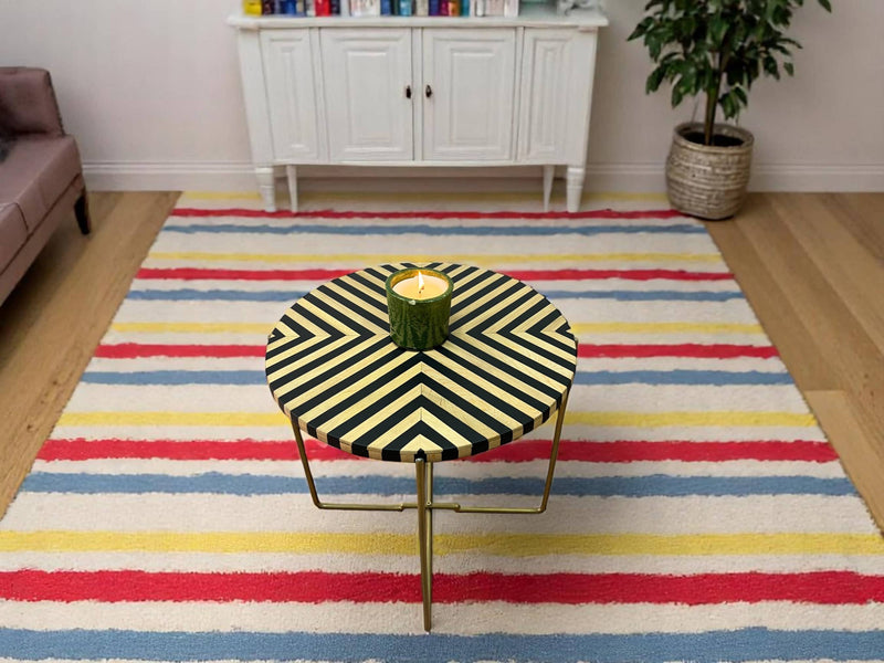 Black Resin and Cedar Wood Round Side Table with Black & Gold Iron Folding Base 