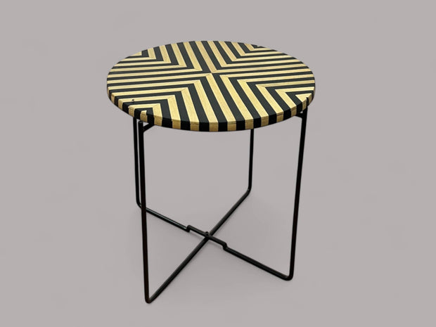Black Resin and Cedar Wood Round Side Table with Black & Gold Iron Folding Base 