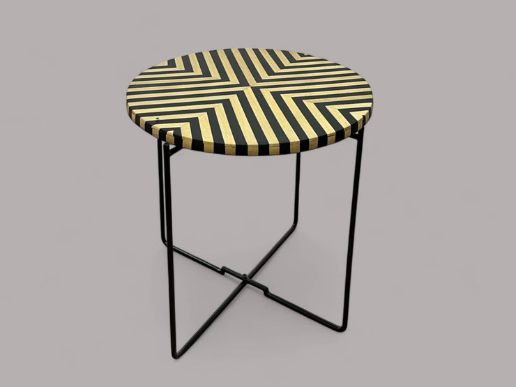 Black Resin and Cedar Wood Round Side Table with Black & Gold Iron Folding Base 