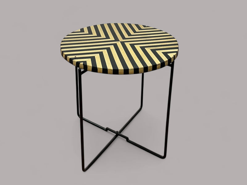 Black Resin and Cedar Wood Round Side Table with Black & Gold Iron Folding Base 