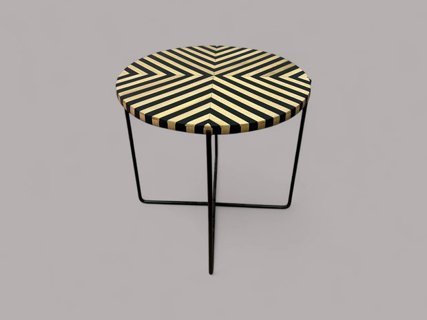 Black Resin and Cedar Wood Round Side Table with Black & Gold Iron Folding Base 