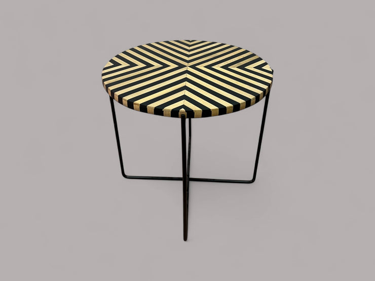 Black Resin and Cedar Wood Round Side Table with Black & Gold Iron Folding Base 