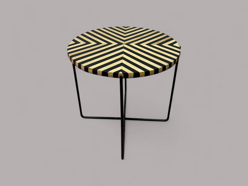 Black Resin and Cedar Wood Round Side Table with Black & Gold Iron Folding Base 