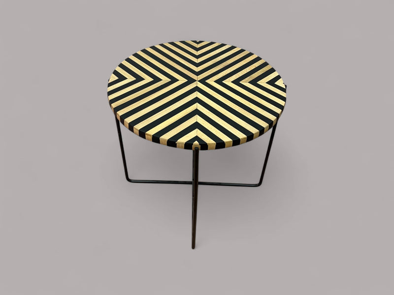 Black Resin and Cedar Wood Round Side Table with Black & Gold Iron Folding Base 