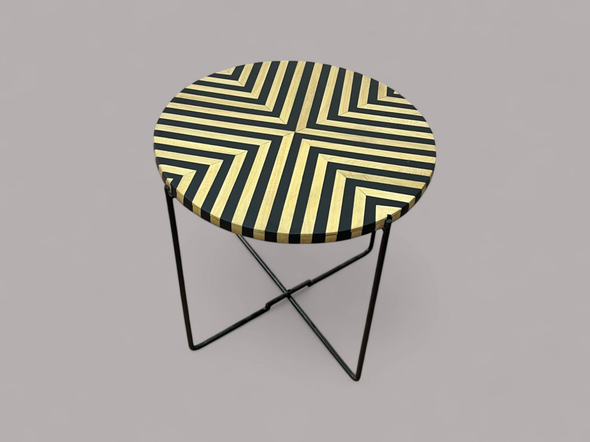 Black Resin and Cedar Wood Round Side Table with Black & Gold Iron Folding Base 