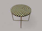 Black Resin and Cedar Wood Round Side Table with Black & Gold Iron Folding Base 