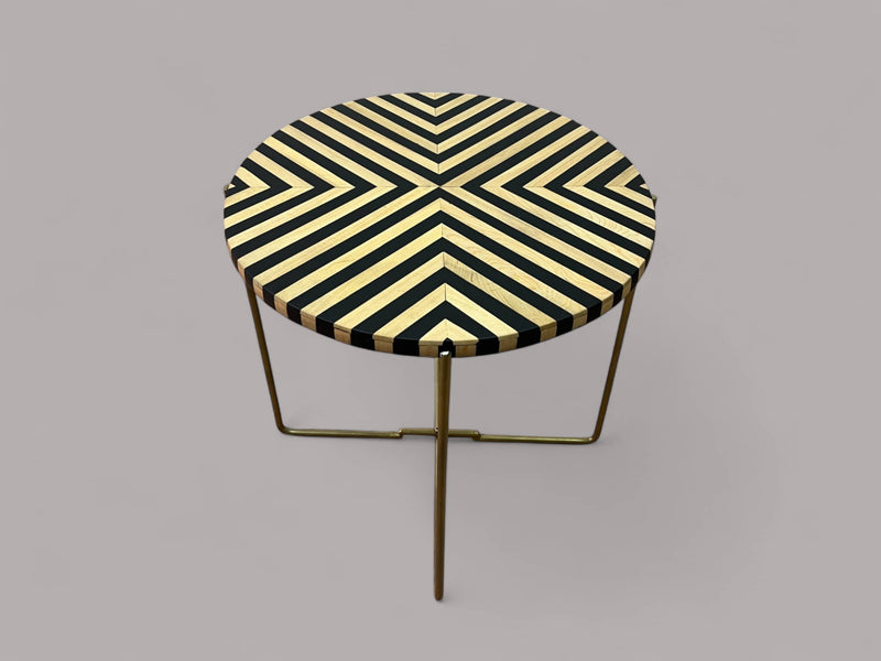 Black Resin and Cedar Wood Round Side Table with Black & Gold Iron Folding Base 