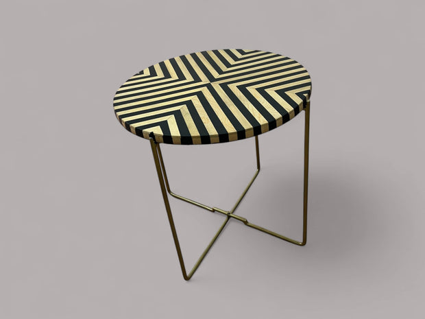 Black Resin and Cedar Wood Round Side Table with Black & Gold Iron Folding Base 