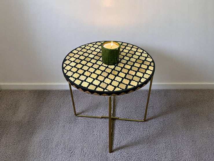 Handmade Black Resin and Cedar Wood Side Table with Gold & Black Folding Base