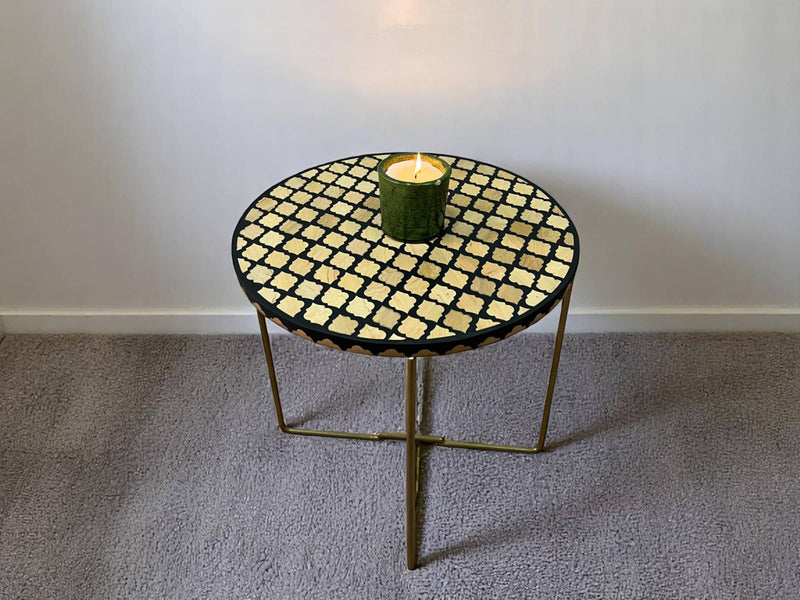 Handmade Black Resin and Cedar Wood Side Table with Gold & Black Folding Base
