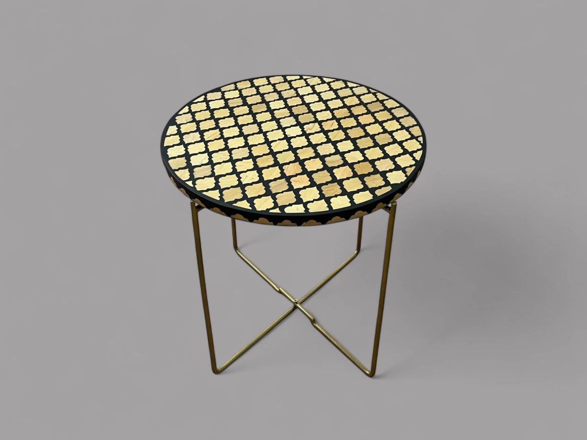 Handmade Black Resin and Cedar Wood Side Table with Gold & Black Folding Base