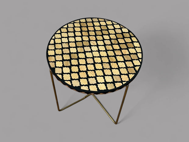 Handmade Black Resin and Cedar Wood Side Table with Gold & Black Folding Base