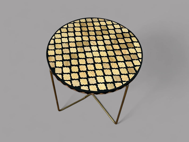 Handmade Black Resin and Cedar Wood Side Table with Gold & Black Folding Base