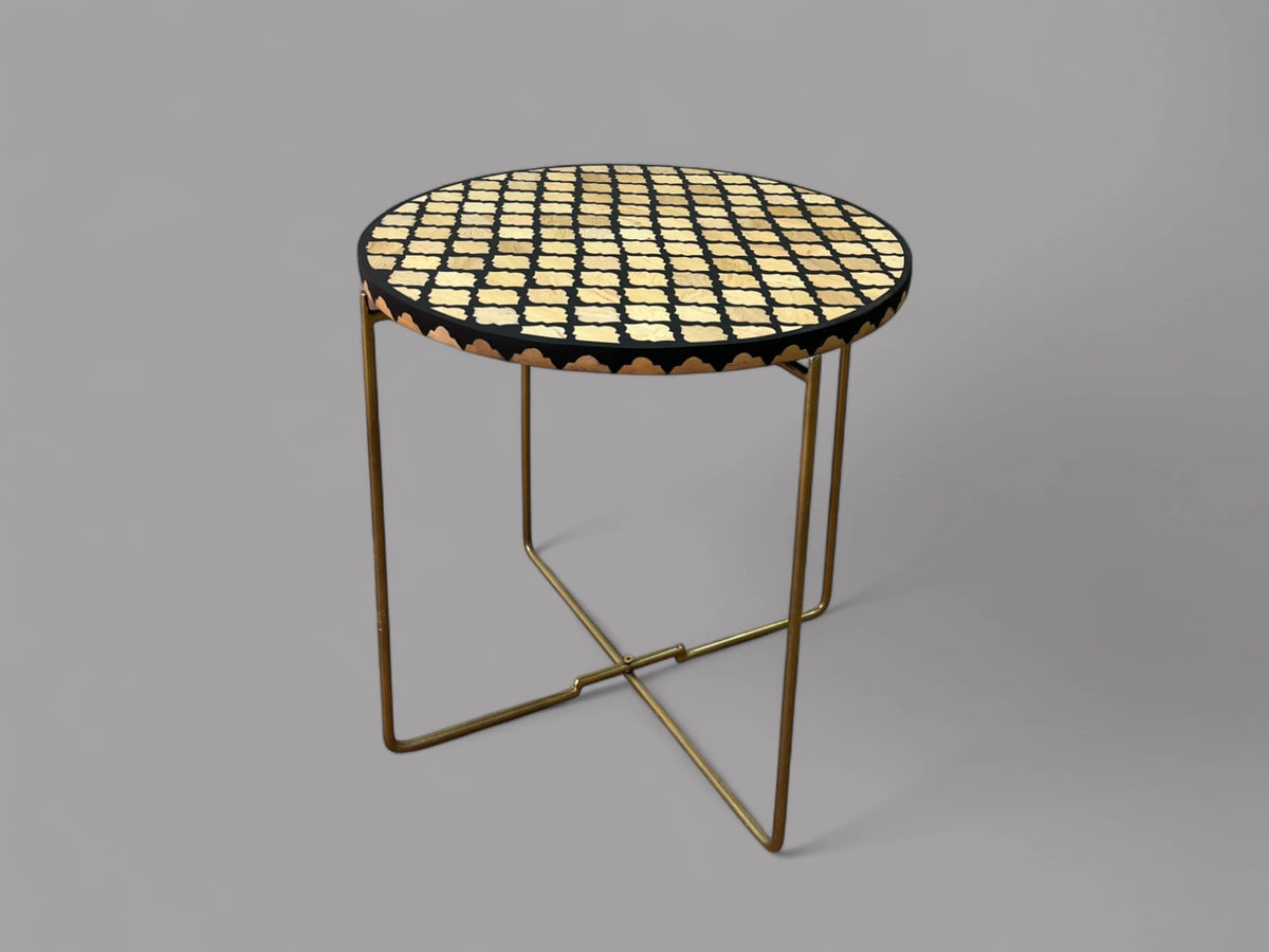 Handmade Black Resin and Cedar Wood Side Table with Gold & Black Folding Base