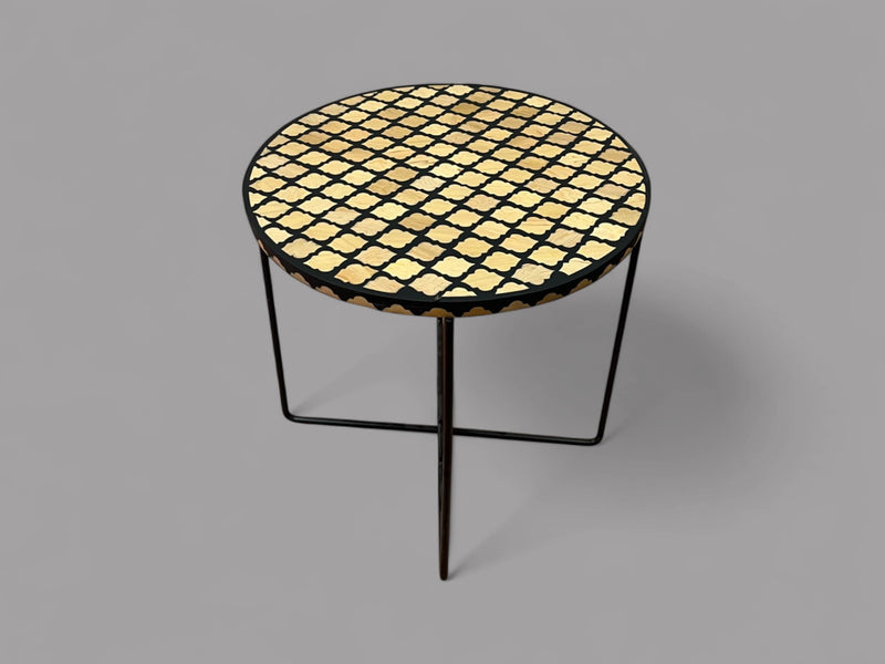 Handmade Black Resin and Cedar Wood Side Table with Gold & Black Folding Base