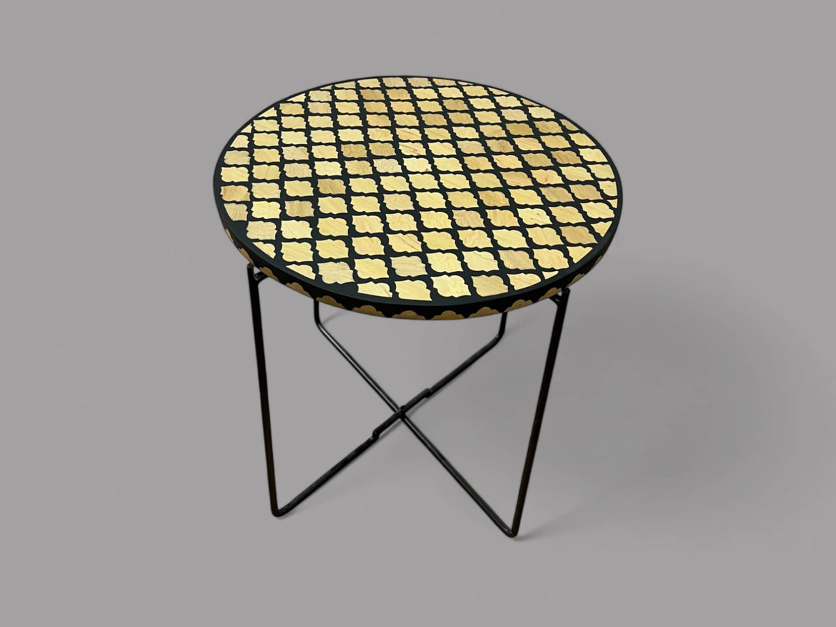 Handmade Black Resin and Cedar Wood Side Table with Gold & Black Folding Base