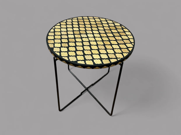 Handmade Black Resin and Cedar Wood Side Table with Gold & Black Folding Base