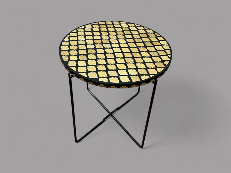 Handmade Black Resin and Cedar Wood Side Table with Gold & Black Folding Base