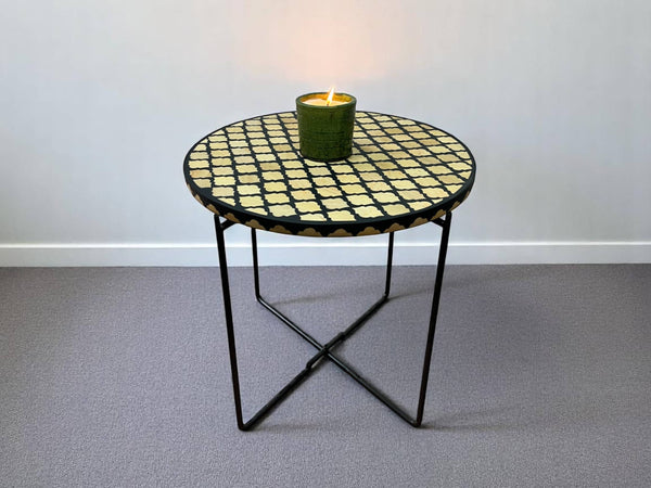 Handmade Black Resin and Cedar Wood Side Table with Gold & Black Folding Base