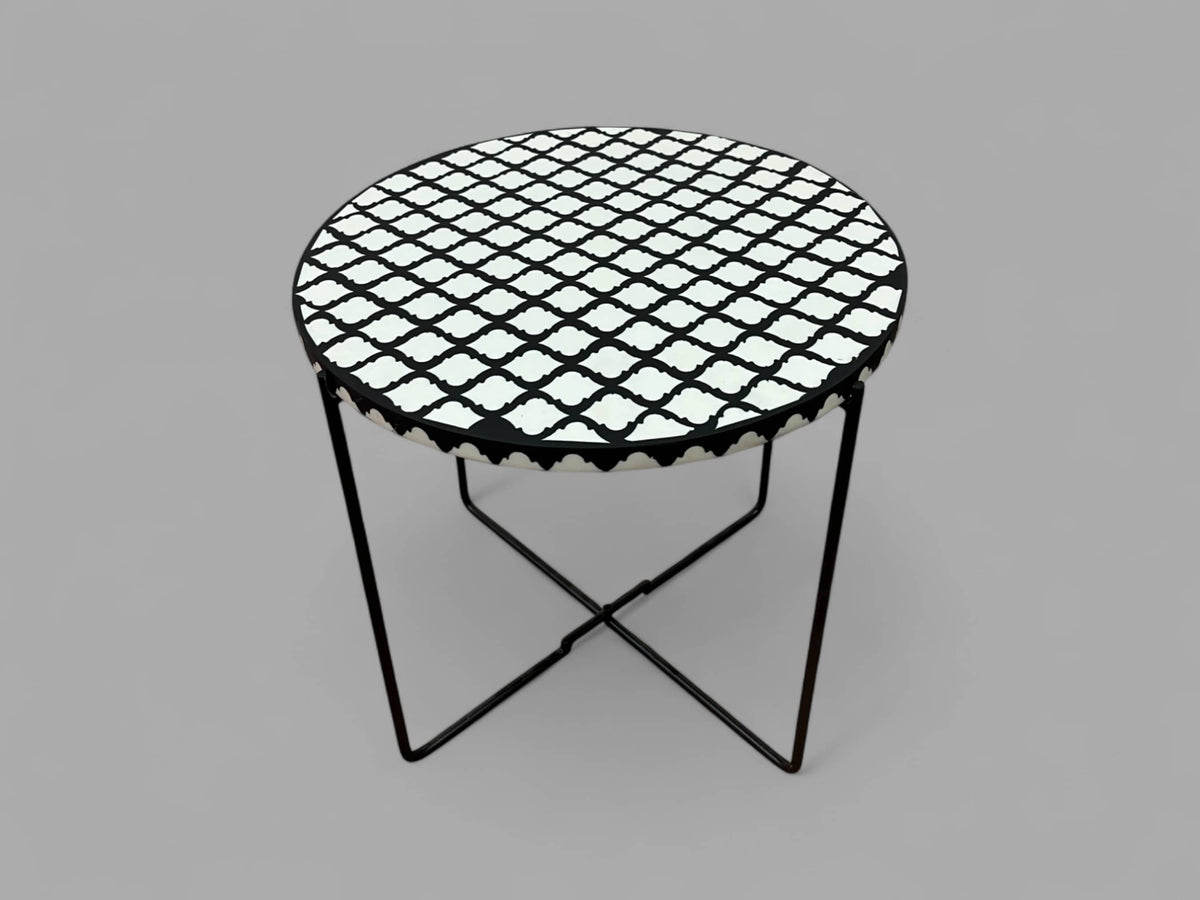 Black and White Resin Round Side Table with Black & Gold Iron Folding Base